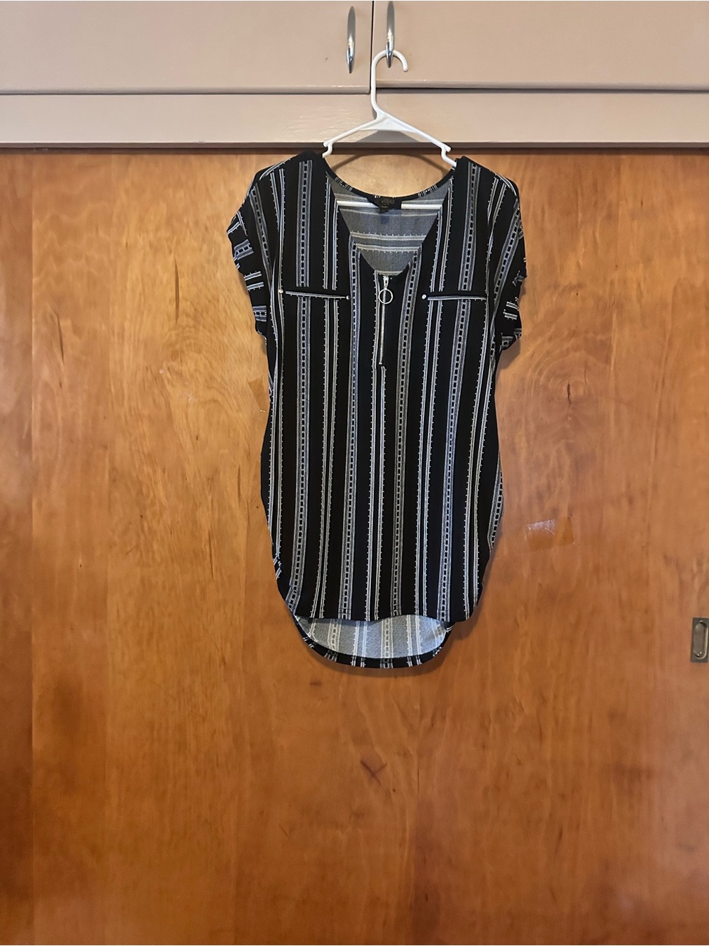 Sweet Wanderer Black and White Striped Short Sleeve Blouse with Zip
